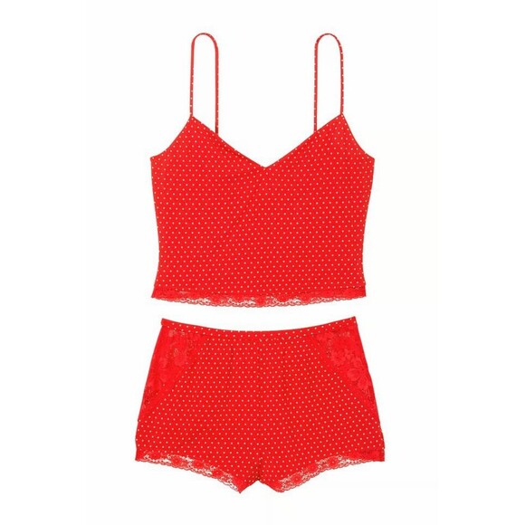 Victoria's Secret Stretch Modal Lace Back Cami Shorts Set Red Pink Polka Dot XXL - Picture 3 of 16